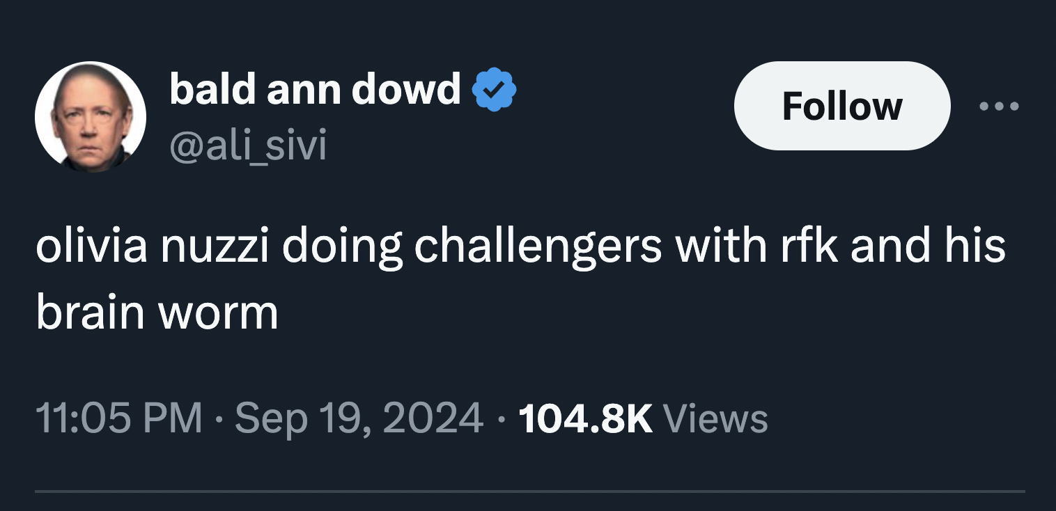 screenshot - bald ann dowd olivia nuzzi doing challengers with rfk and his brain worm Views